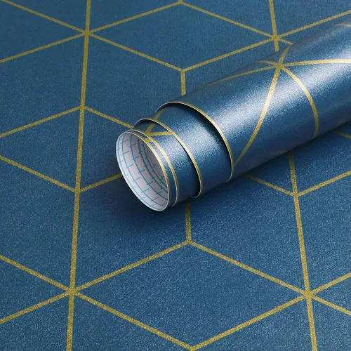 Miniatura 15 de Safiyya Papel tapiz geométrico azul y dorado, autoadhesivo, extraíble, impermeable, para paredes, rollo de vinilo de 118 x 17.3 pulgadas