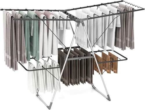 Miniatura 10 de Giantex Estante de secado de ropa, 2 capas de acero inoxidable plegable, con altura ajustable de 6 niveles, clips útiles, ahorro de espacio, Blanco