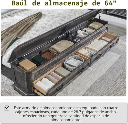 Miniatura 4 de T4TREAM Cama Queen de granja con cabecera y banco de almacenamiento, cama de plataforma de madera rústica con baúl de almacenamiento de 64 pulgadas