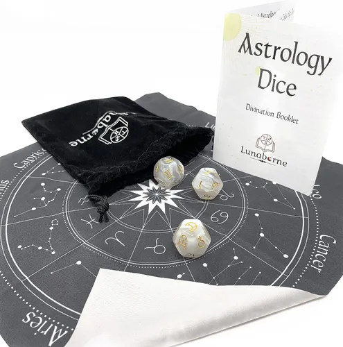 Miniatura 2 de Lunaborne - Dados de adivinación astrológica, incluye folleto de instrucciones, paño de adivinación y bolsa de terciopelo con cordón