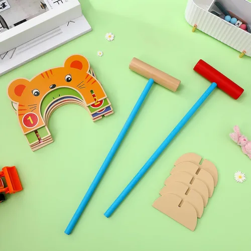 Miniatura 3 de Toddmomy Juego de croquet de madera de animales para niños, juego completo familiar para interiores y exteriores con 5 cubos de animales y 2 mazos