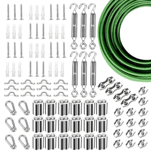 Miniatura 20 de Kit de suspensión de luces de cuerda de globo, cable guía de luz para exteriores, cable de acero inoxidable recubierto de vinilo, incluye 50 pies