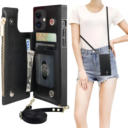 Miniatura 17 de Bocasal Funda tipo cartera cruzada para iPhone 12 Pro Max con tarjetero, protector de ranura para tarjetas con cremallera, a prueba de golpes