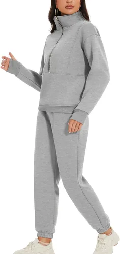 Miniatura 6 de PEHMEA Conjunto deportivo de 2 piezas de otoño para mujer, con forro polar, holgado, manga larga, media cremallera, cómodo conjunto de descanso