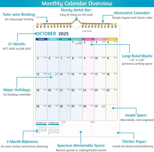 Miniatura 3 de Calendario de pared 2026-2027: úsalo ahora hasta junio de 2027, calendario de pared 2026-2027, 21 calendarios mensuales, 8.5 x 11 pulgadas