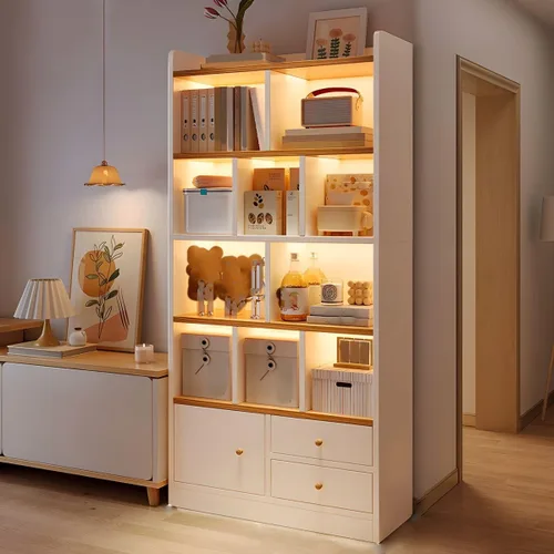 Miniatura 17 de Estantería moderna con cajones y armario de almacenamiento de madera con parte trasera cerrada, estantería independiente para oficina en casa, sin