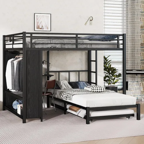 Miniatura 10 de Full Over Twin Bunk Bed with Trundle and Ladders, Metal Bunk Bed Frame with Built-in Foldable Desk & Wardrobe, Space-Saving Beds for Kids Teens