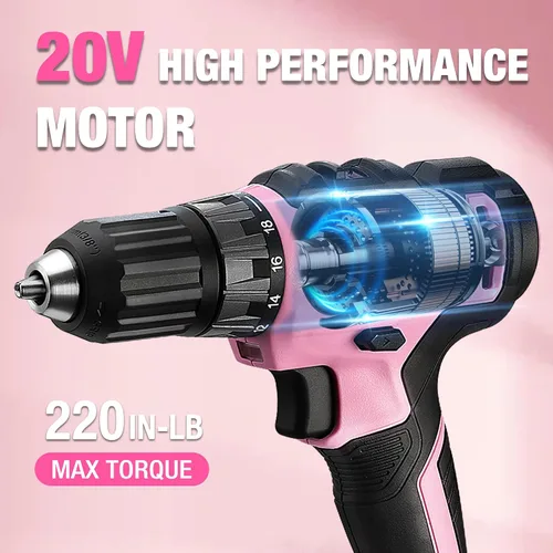 Miniatura 4 de WORKPRO Taladro Atornillador Inalámbrico Rosa de 20V y Juego de Herramientas para el Hogar, Kit de Herramientas Manuales de 141 Piezas