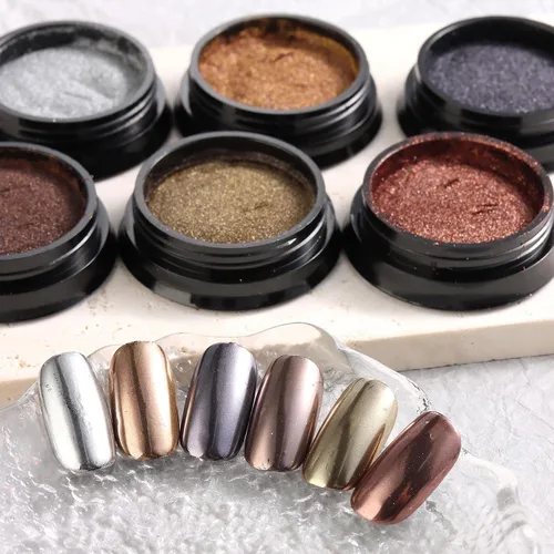 Miniatura 4 de Polvo de uñas cromado, efecto espejo, polvo metálico, 6 colores, bronce, marrón, negro, oro rosa, holográfico, purpurina cromada, pigmento en polvo
