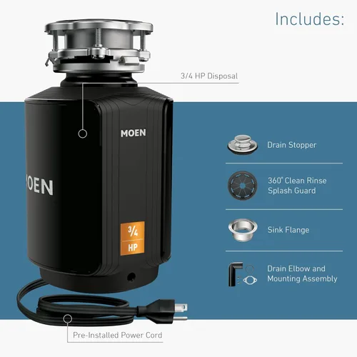 Miniatura 5 de Moen Host Series 3/4 HP - Triturador de basura de alimentación continua con reducción de ruido para fregadero de cocina, incluye cable