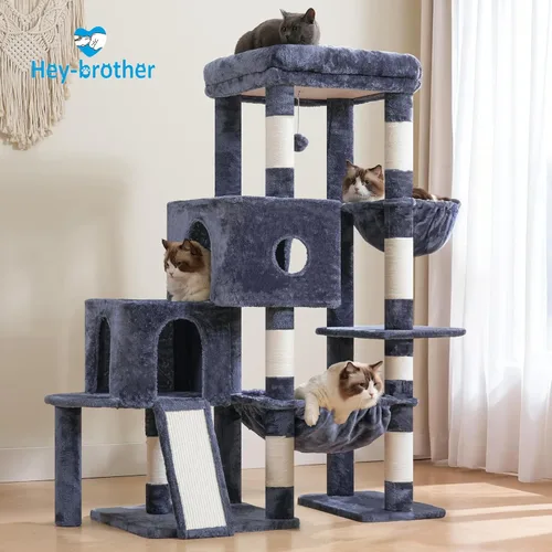 Miniatura 8 de Hey-brother Torre de árbol para gatos, postes rascadores con plataforma grande, 2 condominios, hamaca espaciosa, cesta acogedora, tabla de sisal
