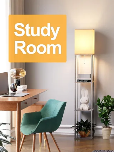 Miniatura 8 de Lámpara de pie con estantes para sala de estar roble gris, lámpara de pie con estante con bombilla LED de 3 CCT, lámpara de columna de pie de Gris