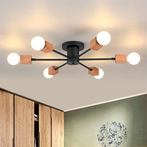 Miniatura 7 de Lámpara de techo de madera semiempotrada, 6 luces, lámpara Sputnik de madera rústica, iluminación de techo estilo granja, roble y negro con E26