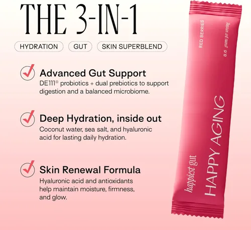 Miniatura 2 de Happy Aging Paquetes de electrolitos en polvo para mujeres, hidratación sin azúcar y salud intestinal con ácido hialurónico y probióticos Bacillus