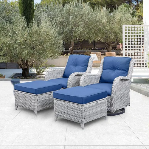 Miniatura 5 de Belord Juego de 2 taburetes otomanos de mimbre de ratán para todo tipo de clima, con cojines suaves para muebles de patio Cojín de mimbre gris