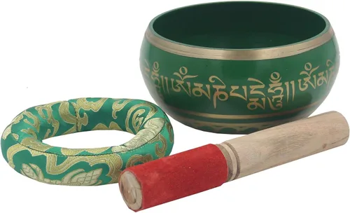 Miniatura 2 de DharmaObjects Juego completo de cuenco tibetano de meditación Om Mani Padme Hum (XL, verde)