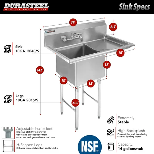 Miniatura 2 de DuraSteel Fregadero de Acero Inoxidable para Servicios Generales - Certificado NSF Tazón Individual de 18" x 18" x 12" - No Incluye Grifo Sin Plomo