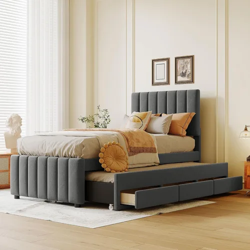 Miniatura 10 de SOFTSEA Cama de plataforma de tamaño matrimonial con nido, cama matrimonial tapizada con cabecero curvado para niños, adolescentes, invitados, tela