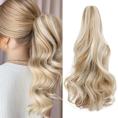 Miniatura 15 de Felendy Extensión de cola de caballo de 18 pulgadas, mezcla de rubio ceniza, marrón oscuro, rizado, ondulado, con clip, extensiones de cabello largo