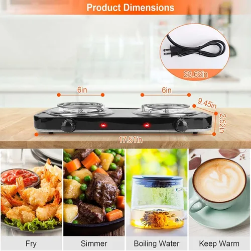 Miniatura 5 de Quemador doble de 2000 W, placa eléctrica para cocinar estufa de cocina portátil, quemador de encimera para cocina, dormitorio, control de Negro