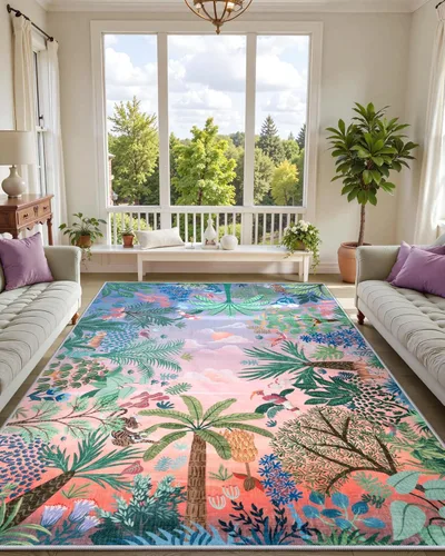 Miniatura 14 de LIVEBOX Alfombra lavable con estampado de animales de la jungla de 5 x 7 pies en azul para sala de estar, alfombras antideslizantes para dormitorio