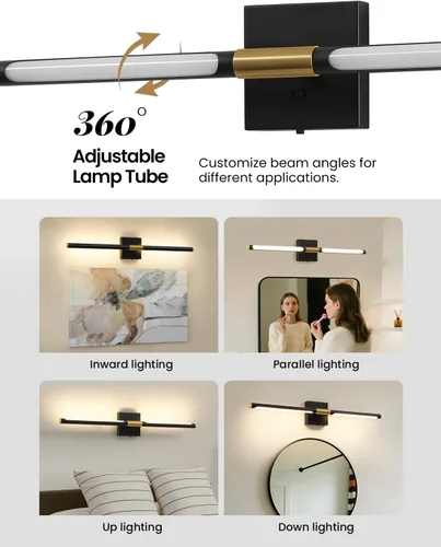 Miniatura 2 de Lámparas de tocador de baño negras y doradas para baño sobre espejo de 30 pulgadas, apliques LED de baño IP44 5CCT ajustables, luces modernas