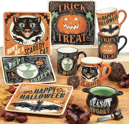 Miniatura 3 de Juego de 4 tazas de Halloween – Tazas de café de cerámica espeluznantes con diseños vintage de truco o trato – gato negro, esqueleto, calabaza