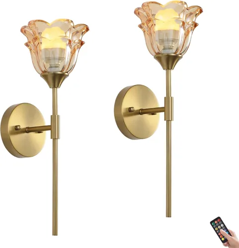 Miniatura 17 de Paquete de 2 apliques de pared dorados con modernas pantallas de vidrio ámbar, accesorios modernos de luz de pared de tocador de baño de mediados