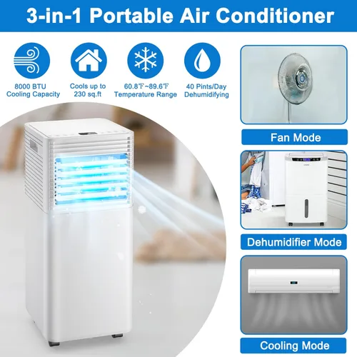 Miniatura 2 de GOFLAME Aire acondicionado portátil, potente unidad de CA de 8000 BTU con control remoto y 4 ruedas universales, enfriador de aire 3 en 1, Blanco