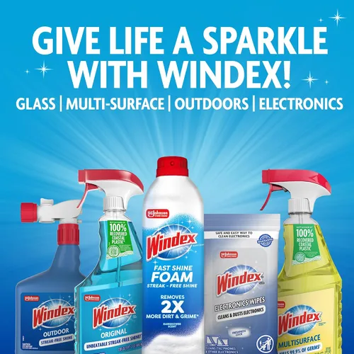 Miniatura 9 de Windex Spray limpiador de vidrio y ventanas, botella hecha de plástico 100% reciclado, espray de limpieza de superficies, aroma azul original, 23