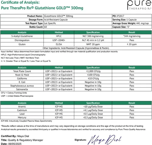 Miniatura 9 de Pure Therapro Rx S-Acetyl Glutatione Gold 300mg PER Capsule - 60 cápsulas Extra fuerza Forma acetilada patentada de glutatión (EMOTHION)