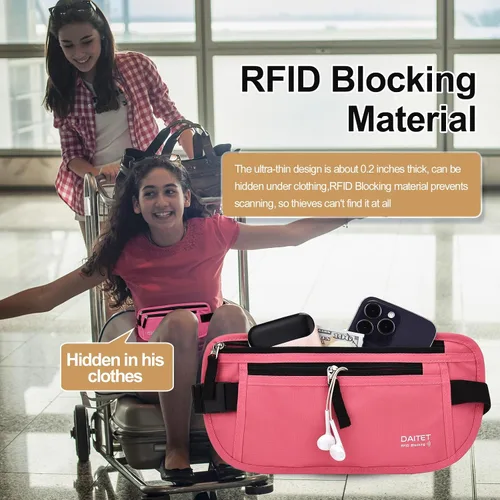 Miniatura 65 de DAITET Cinturón de dinero, soporte para pasaporte, cartera de viaje oculta segura con bloqueo RFID, riñonera encubierta (negro), Negro, Rfid