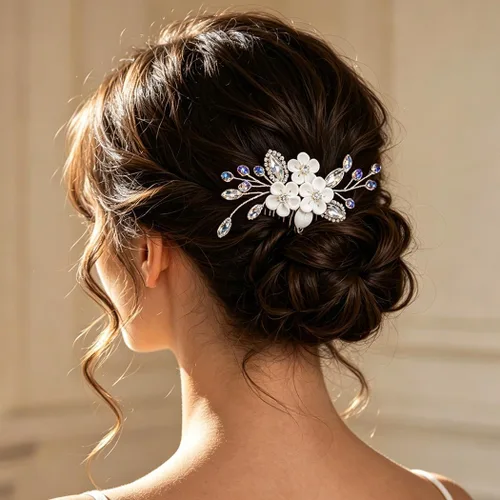 Miniatura 5 de Catery Peine para el cabello de boda con diseño de flores para novia, color plateado, pequeño peine lateral azul, accesorios de joyería para mujeres