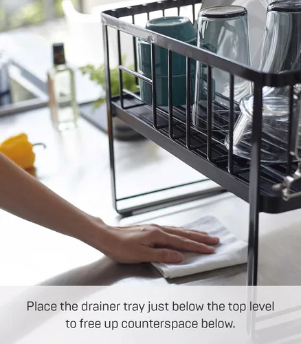Miniatura 3 de YAMAZAKI Home Tower - Escurridor de platos ajustable de dos niveles, estante de secado compacto con ganchos, soporte para utensilios, acero - Negro