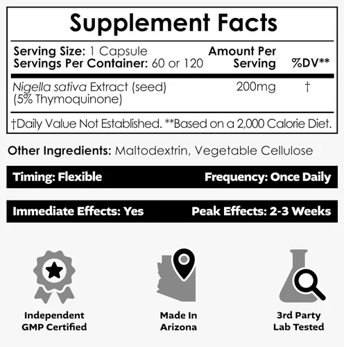 Miniatura 2 de Nootropics Depot Cápsulas de extracto de Nigella Sativa 200 mg 60 unidades Contenido mínimo del 5% de timoquinona Extracto de aceite