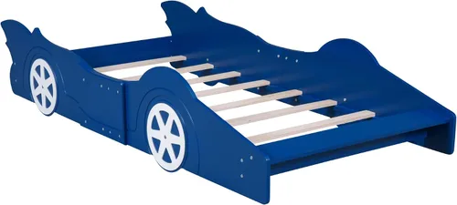 Miniatura 4 de Cama de plataforma con ruedas en forma de auto de carreras para niños, marco de cama de madera con listones de soporte, para niños, dormitorio