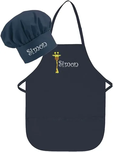 Miniatura 9 de Conjunto de delantal y sombrero personalizado para niños de zoológico, añade tu propio nombre para niños, cocina, horneado