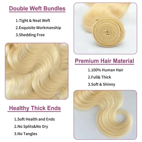 Miniatura 3 de Extensiones de cabello humano ondulado rubio 613 de 12 pulgadas, 100% sin procesar, grado 14A, cabello humano virgen brasileño sin procesar, 1