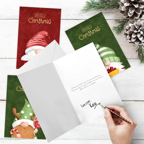 Miniatura 6 de easykart labels 20 tarjetas de gnomo navideño con sobres y pegatinas de sellado, 4 diseños navideños de Santa con efecto de hoja dorada, 6.75" x