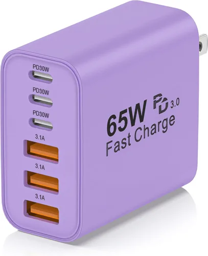Miniatura 9 de Bloque de carga USB C, 65 W, 6 puertos, bloque de carga USBC, cargador de pared, cargador de iPhone, carga rápida, multipuerto tipo C, PD+QC, Negro