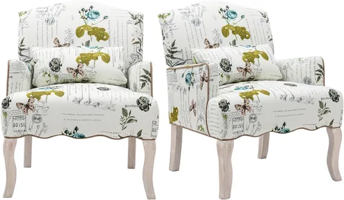 Miniatura 10 de Shunzhi Sillas de Acento Florales Estilo Granja Sillón Tapizado de Lino Silla de Lectura Moderna de Mediados de Siglo Sofá Individual con Almohada