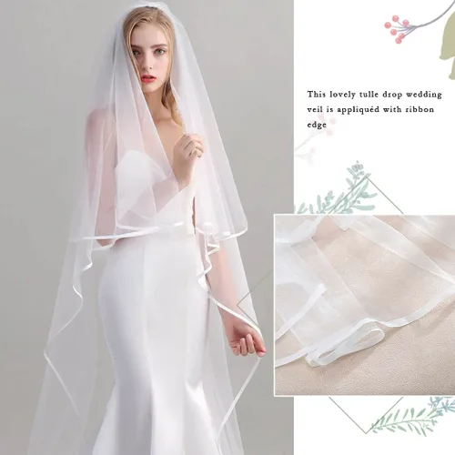 Miniatura 4 de Unsutuo 2 Tiers Bride Wedding Veil Ivory Ribbon Cathedral Veil Bridal Tulle Veil for Women and Girls Ivory