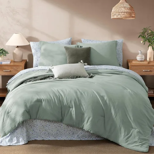Miniatura 21 de Monbix Juego de Edredón de Tamaño Completo - 7 Piezas Verde Oliva Prelavado Ropa de Cama en una Bolsa Juegos de Ropa de Cama Completos