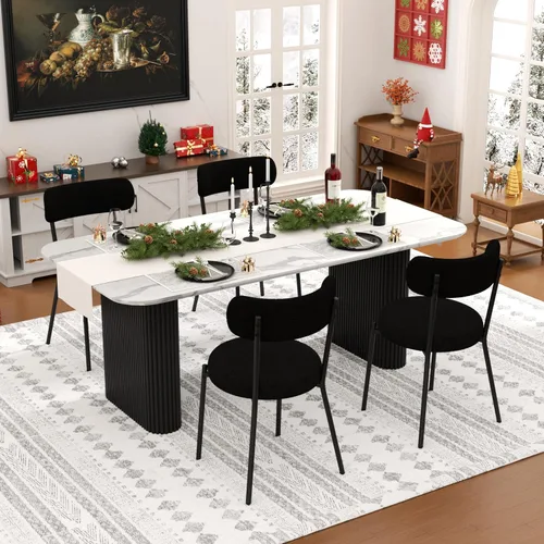 Miniatura 20 de Juego de mesa de comedor ovalada negra moderna de 70.9 pulgadas para 4, mesa de cocina rectangular estilo crema con sillas negras Boucle, juego