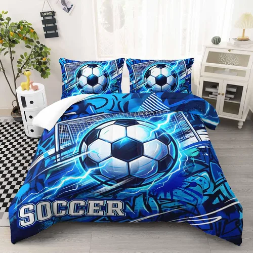 Miniatura 10 de AILONEN Football Themed Children's Double Three piece Bedding Set, Boys' Sports Printed Duvet Cover, Blue Orange Sports Blanket, 2 Pillowcases