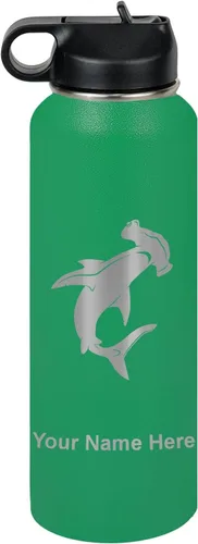 Miniatura 59 de LaserGram Botella de agua personalizada, tiburón martillo, acero inoxidable de doble pared aislada al vacío con popote superior, regalo grabado