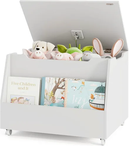 Costzon Caja de juguetes para niños, organizador de almacenamiento de juguetes móvil de madera con estantería y ruedas con cerradura para niñas y