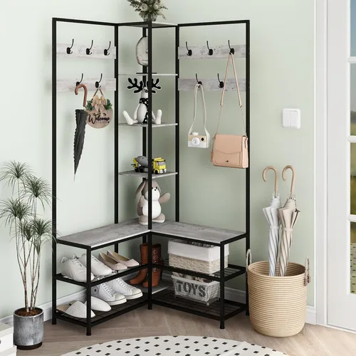 Miniatura 3 de GiftGo Árbol de entrada de esquina con estante para zapatos, banco de almacenamiento, exhibición, estantes abiertos, moderno, industrial, perchero