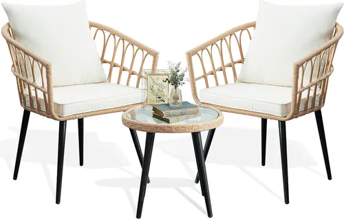 PORWEY Juego de 3 piezas de muebles de mimbre para patio, balcón, mesa y sillas de ratán para porche, patio trasero, césped, cubierta junto a la