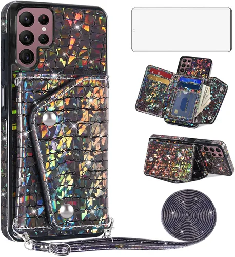 Asuwish Funda de teléfono para Samsung Galaxy S22 Ultra 5G Funda tipo cartera con protector de pantalla y tarjetero de cuero brillante con purpurina